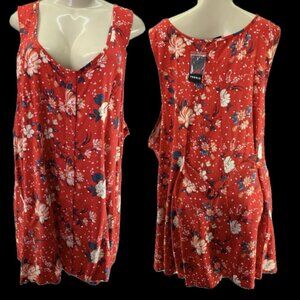 Torrid +5 Red Floral Scoop Neckline Button Down Woven Challis Sleeveless Blouse